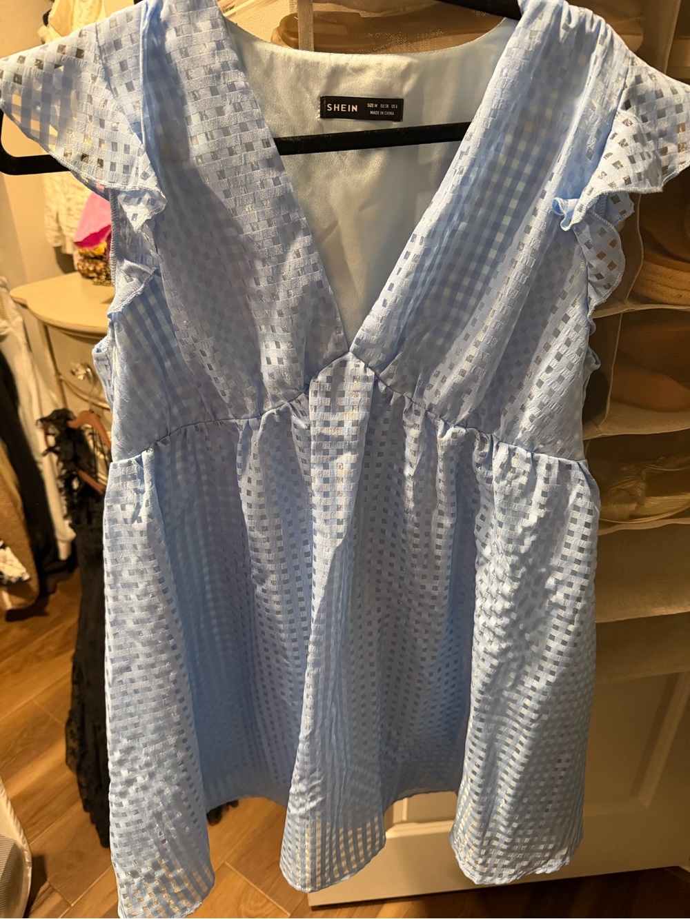 SHEIN Powder Blue Eyelet V-Neck Babydoll Dress